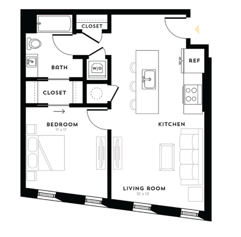 Floor plan for 1 bed, 1 bath, 705 sqft